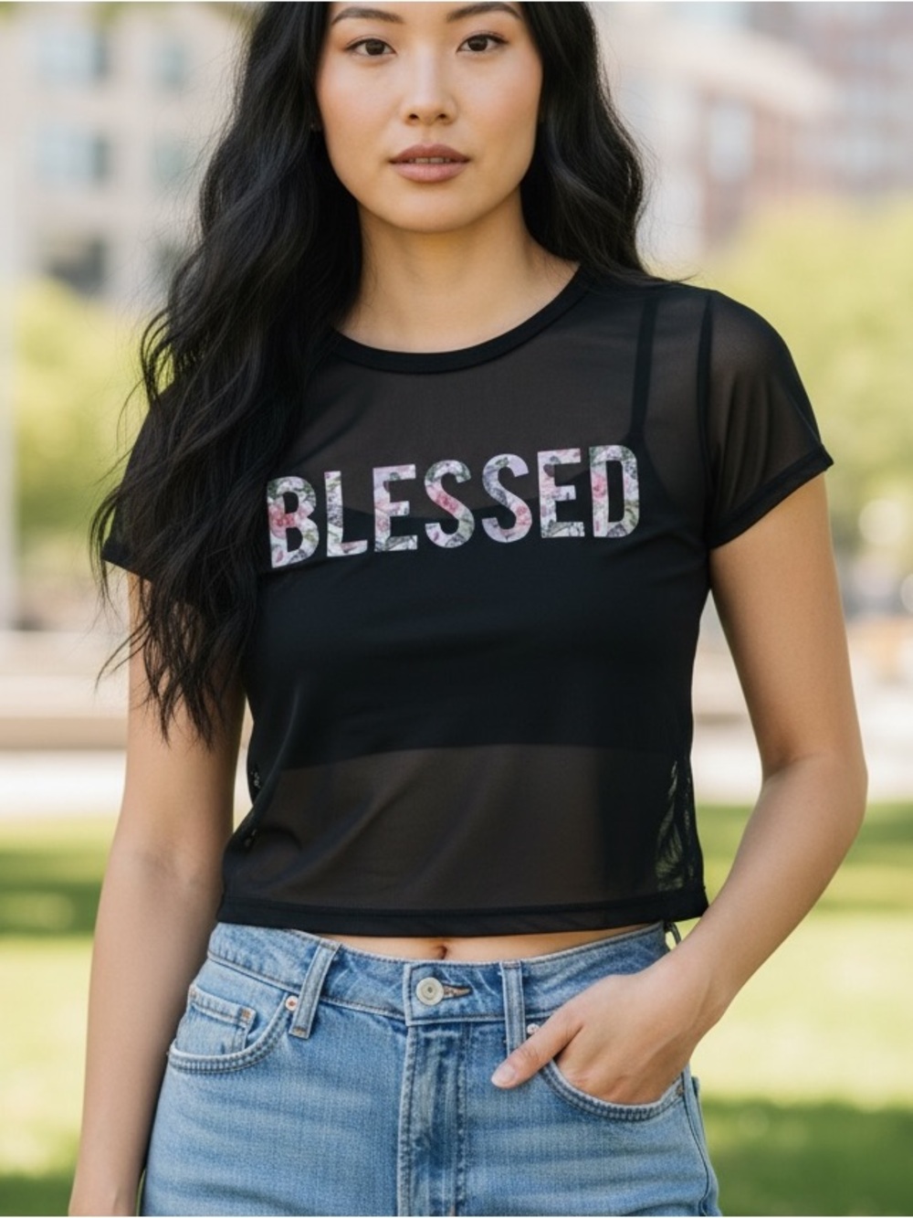 Free Kisses Black Sheer 'BLESSED' Floral-Print Crop Top